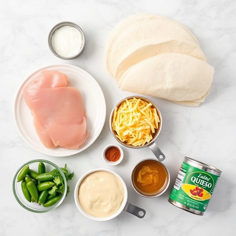 Overhead of raw chicken breast, shredded cheese, flour tortillas, jarred queso, and green chiles with measuring cups and spoons on white marble.
