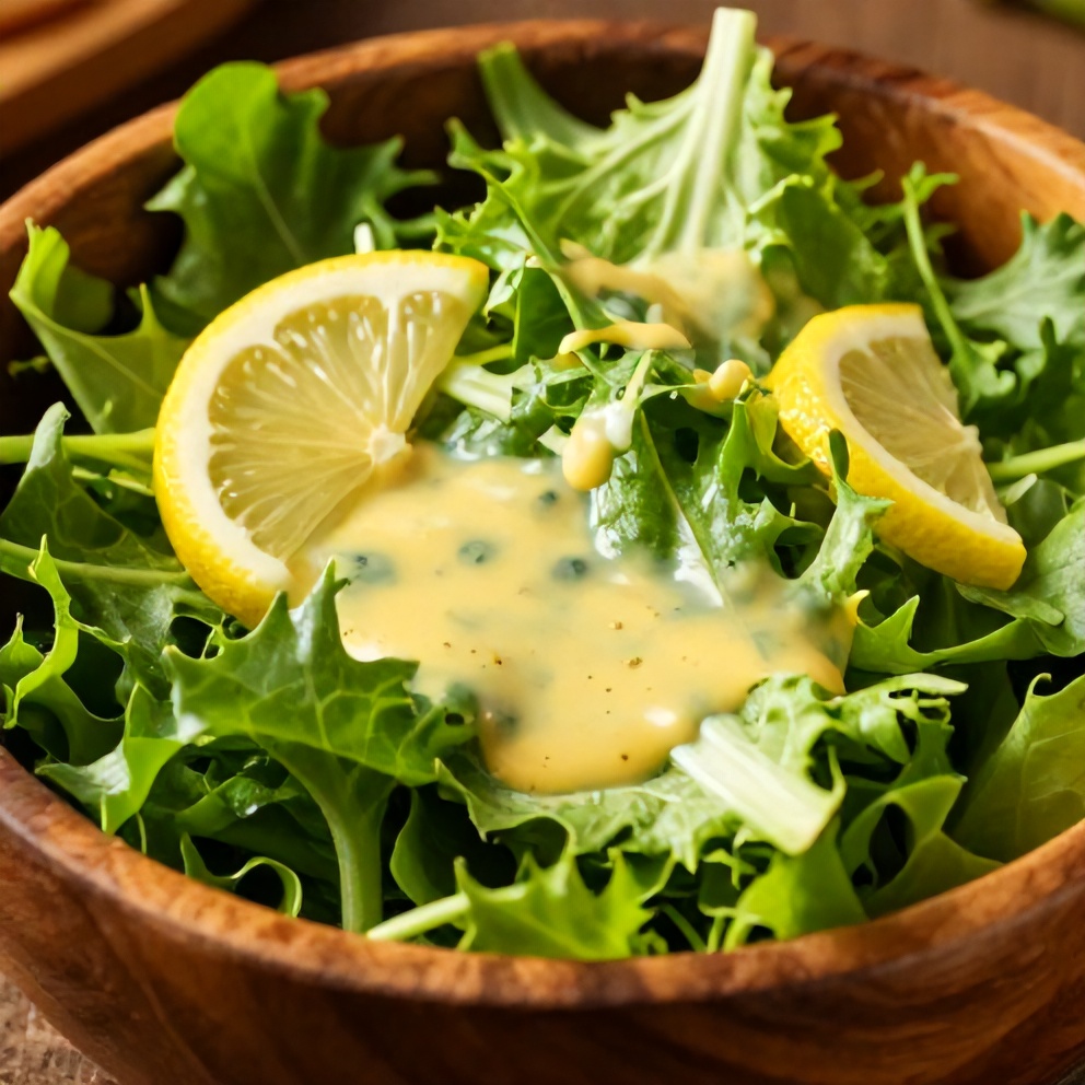 Fresh salad greens tossed with lemon vinaigrette and served in a bowl