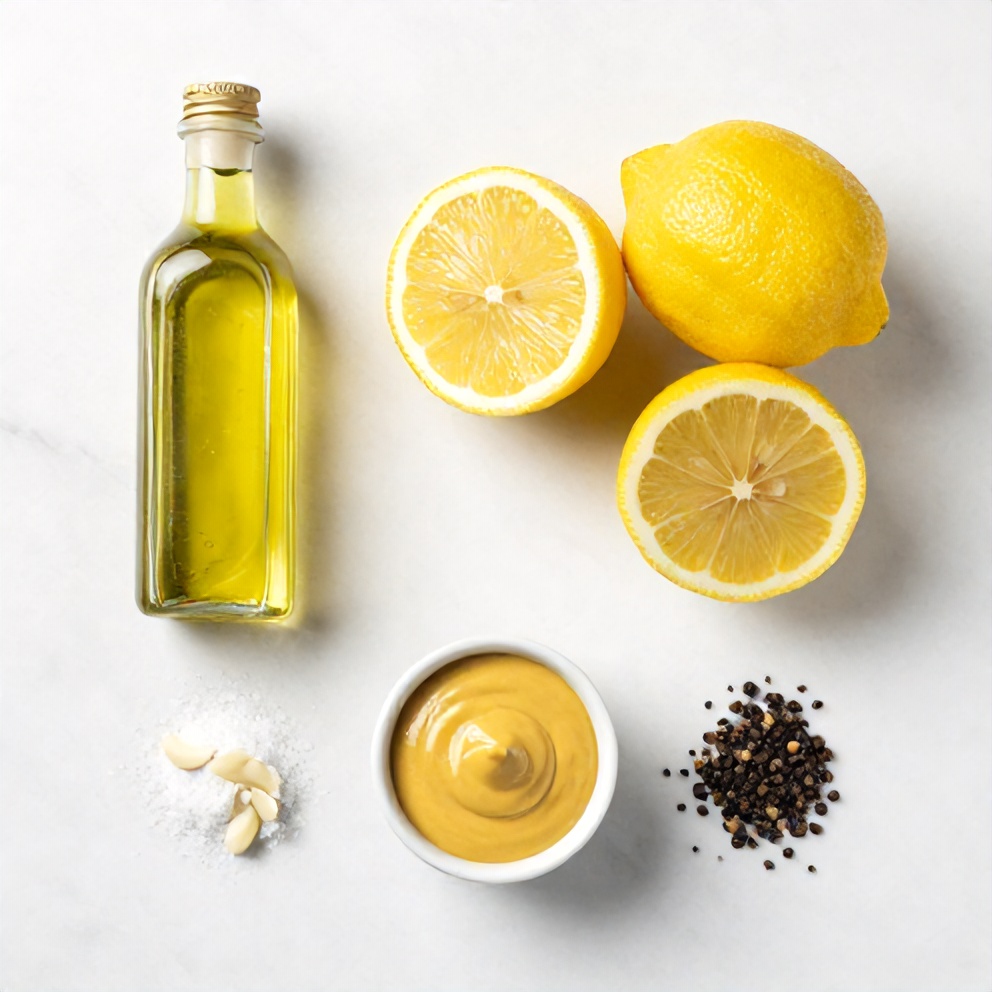 Lemon, olive oil, Dijon mustard, and other ingredients for lemon vinaigrette arranged on a wooden surface