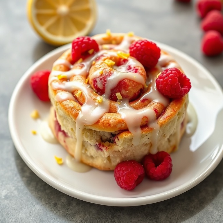 One serving of raspberry cinnamon roll on a white round plate, topped with fresh lemon zest and lemon glaze. Close crop, garnish shines, warm side lighting highlights soft textures and glossy glaze.