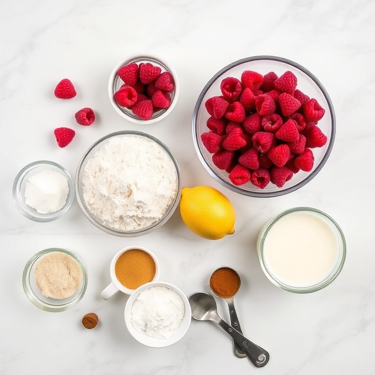 Overhead flat lay showing fresh raspberries, flour, cinnamon, yeast, and lemons as the most prominent ingredients. Prep bowls, measuring spoons, and a rolling pin visible. Natural wood surface and bright natural light.