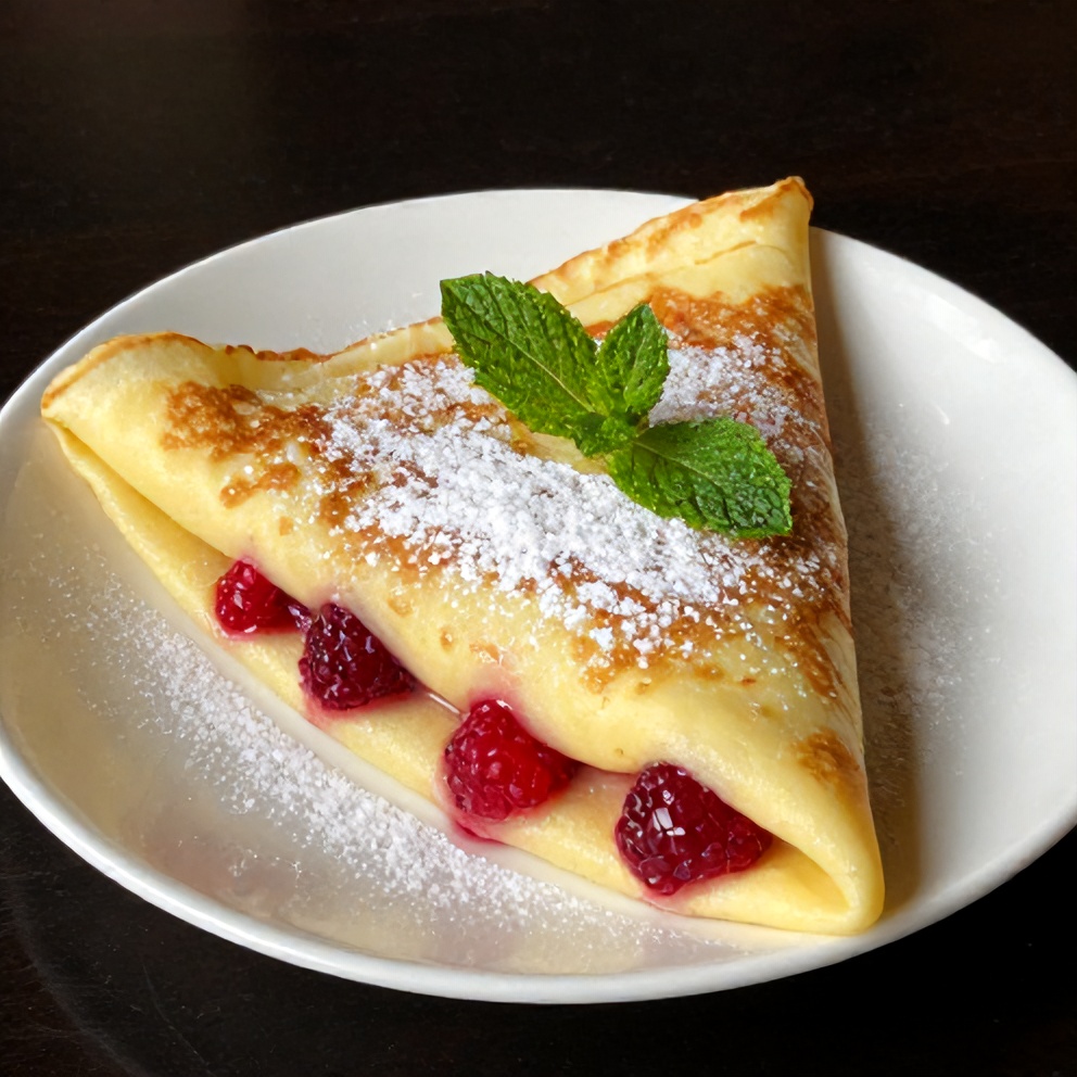 Plated Easy Raspberry Vanilla Cream Crepes with a dusting of powdered sugar