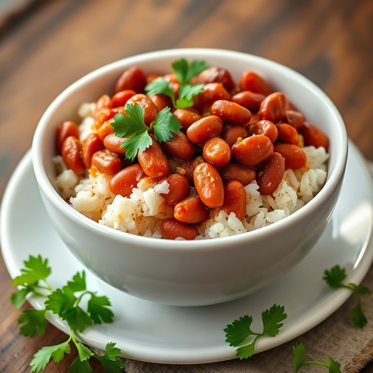 A perfect serving of red beans and rice in a white bowl. Garnished with fresh parsley. Close crop. Warm side lighting. Photorealistic food photography.
