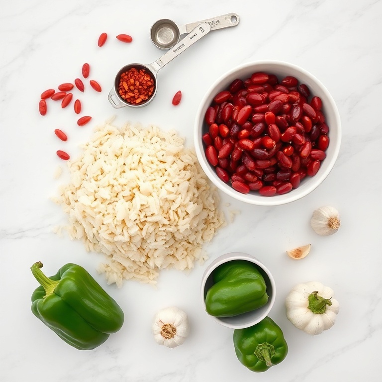 Overhead flat lay of red beans, rice, onions, bell peppers, and garlic. Measuring spoons and bowls visible. White marble surface. Bright even light. Photorealistic food photography.
