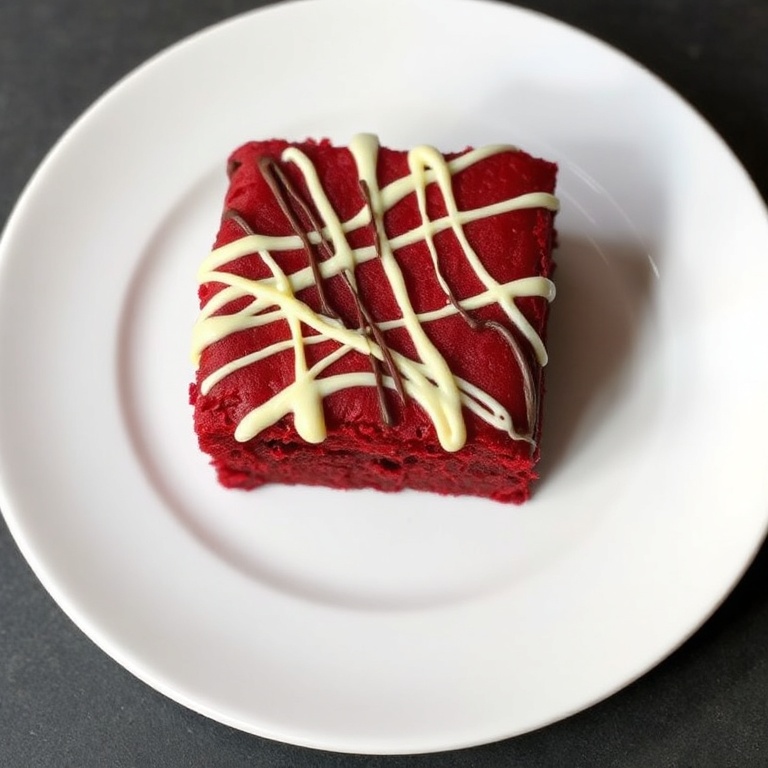 One red velvet brownie square on a white plate, white chocolate drizzle garnish, close crop, warm light highlighting fudgy texture, no text.