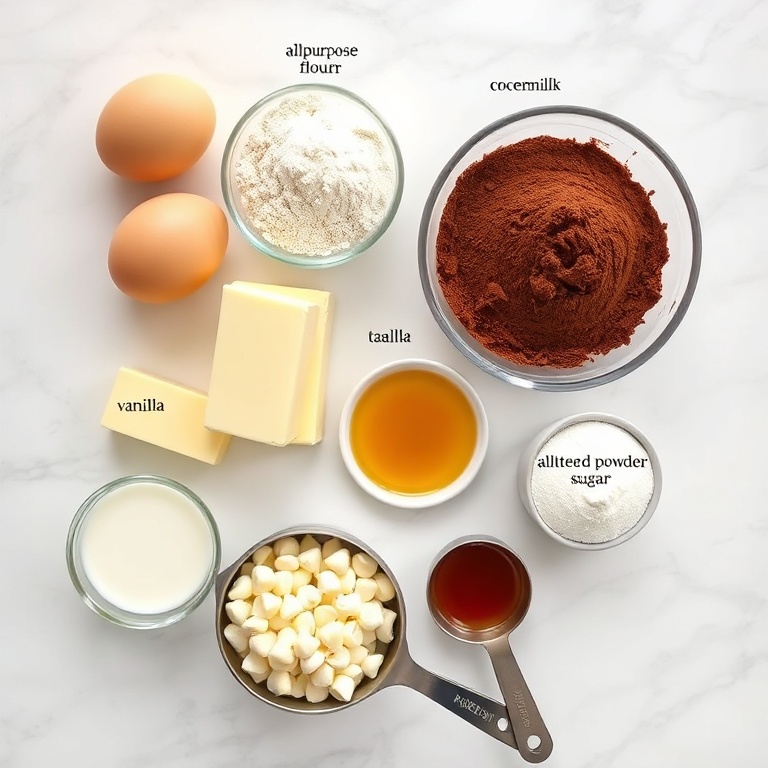 Overhead shot of eggs, all-purpose flour, unsalted butter, cocoa powder, and granulated sugar with prep bowls, measuring spoons, and cups on a bright wooden surface.