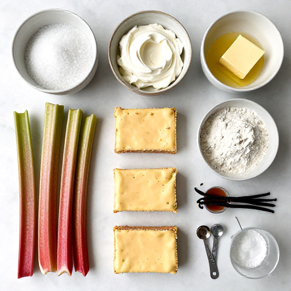 Raw ingredients for Easy Rhubarb Cream Cheese Bars