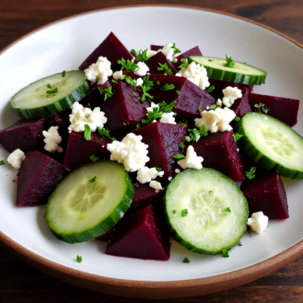 Plated roasted beet salad with feta and cucumber, garnished with fresh parsley