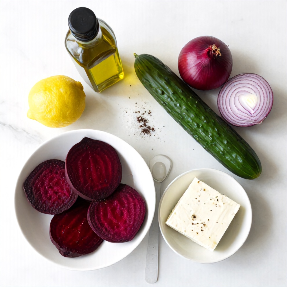 Raw ingredients for roasted beet salad: beets, feta, cucumber, red onion, olive oil, lemon, salt, pepper