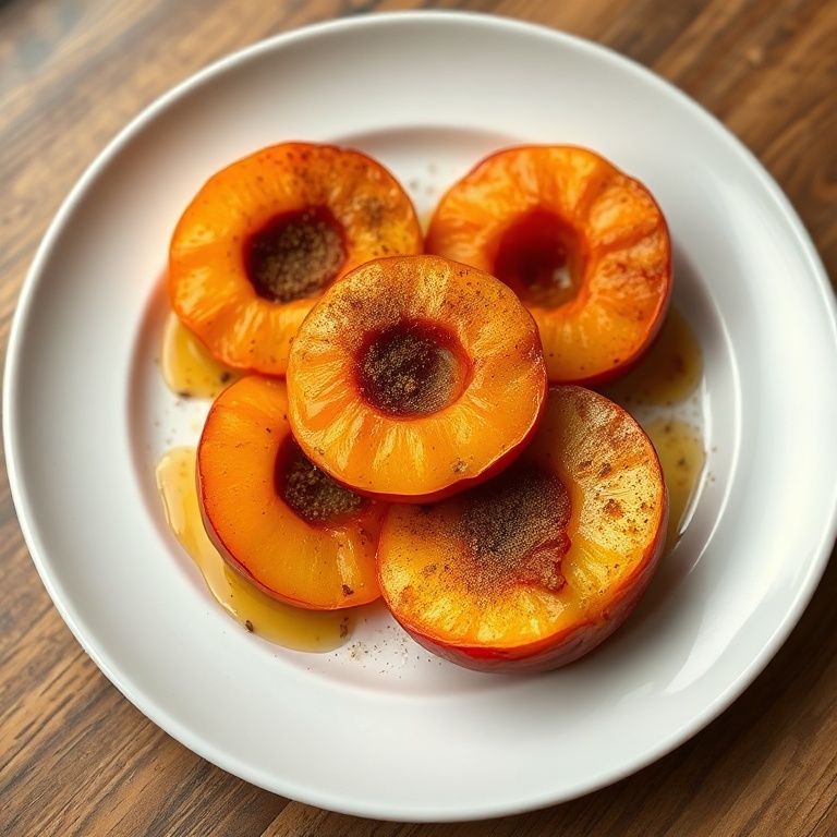 Plated roasted peaches with a sprinkle of cinnamon and a drizzle of honey