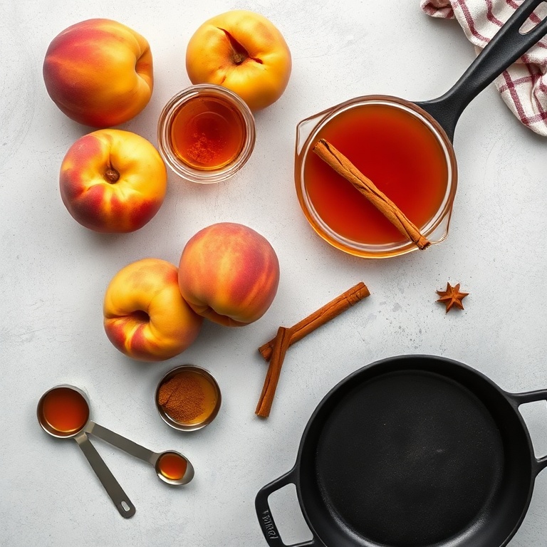 Fresh peaches, cinnamon, honey, and a cast iron skillet arranged in a flat lay