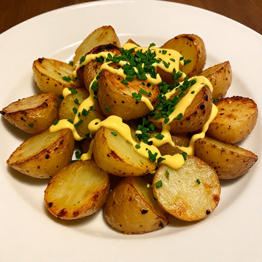 Plated roasted potato salad with fresh herbs