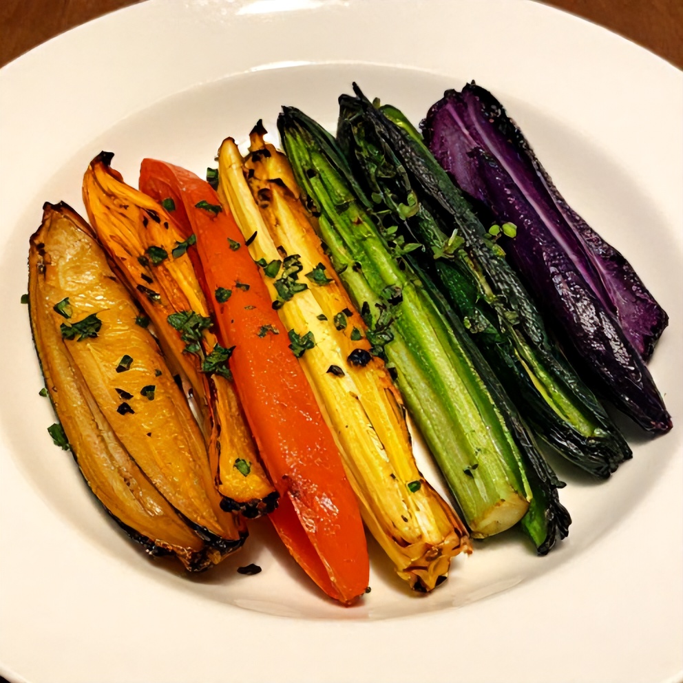 Plated serving of roasted rainbow vegetables with fresh herbs on a white plate