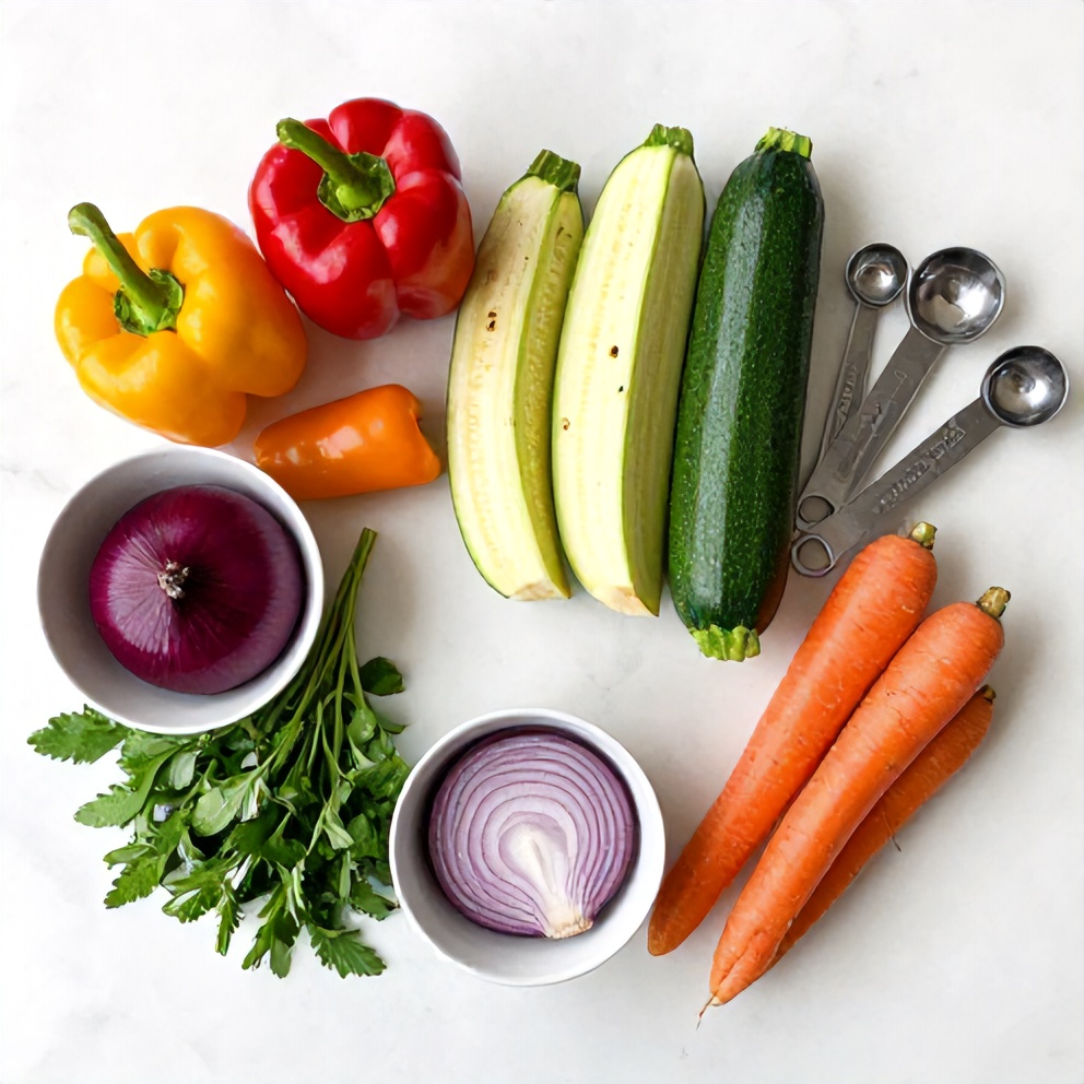 Raw vegetables and herbs arranged on a white marble surface