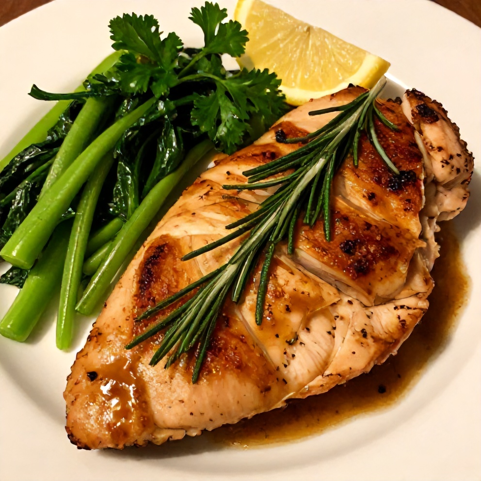 Plated Rosemary Dijon Chicken Breast with a side of vegetables