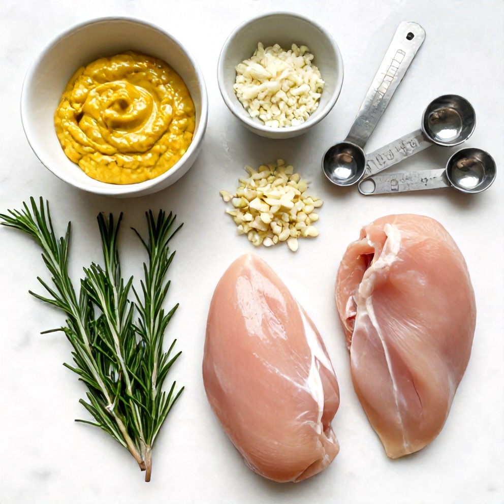 Rosemary, Dijon mustard, chicken breasts, garlic, and other ingredients laid out