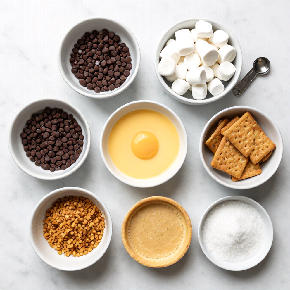 S'mores hand pies ingredients: pie crust, chocolate chips, marshmallows, graham crackers, egg wash