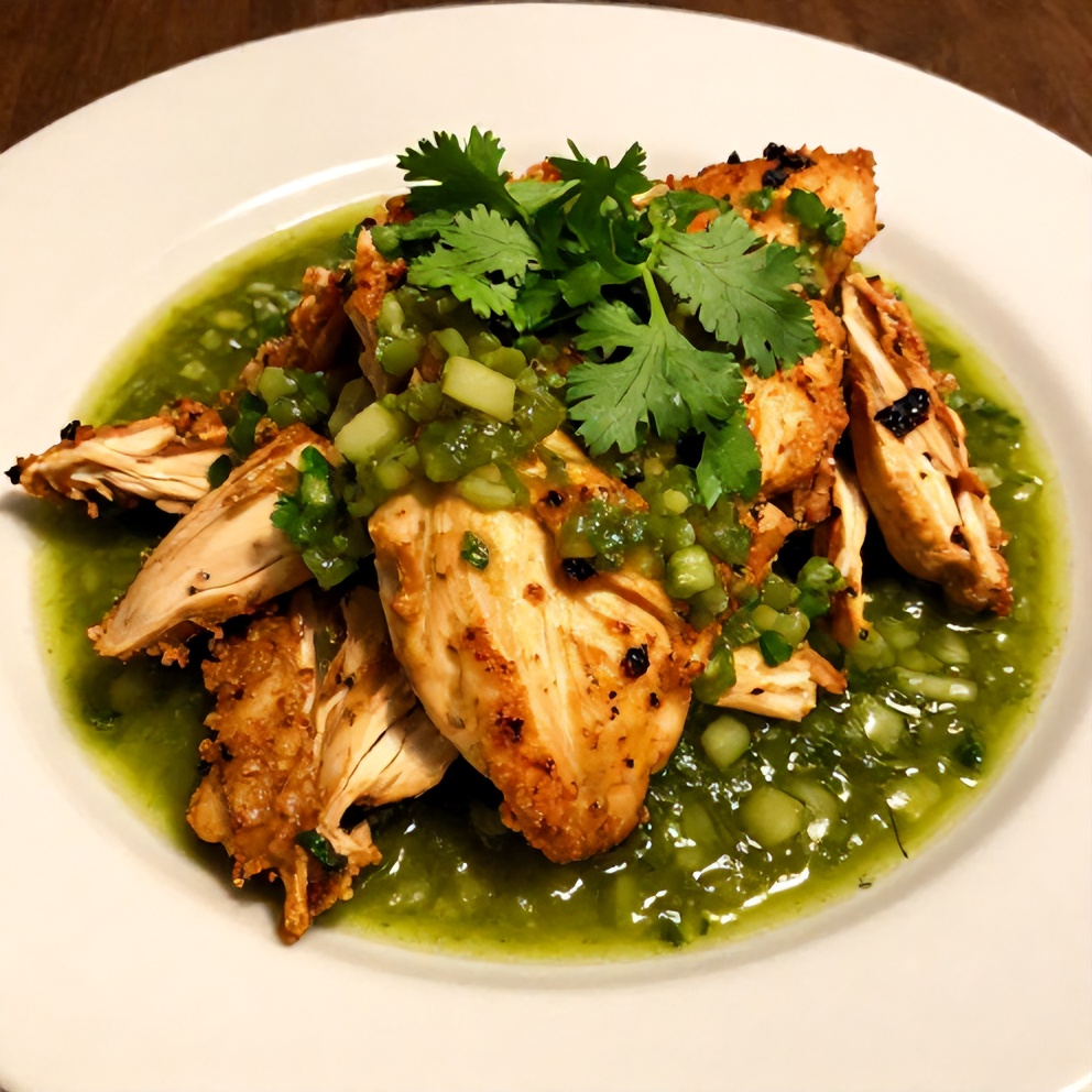 Plated Easy Salsa Verde Chicken with garnish