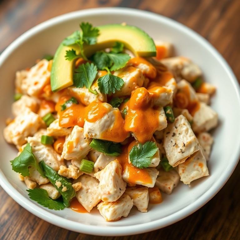 Plated chicken salad with chipotle honey dressing. Garnished with avocado and cilantro. Warm side lighting highlights texture.