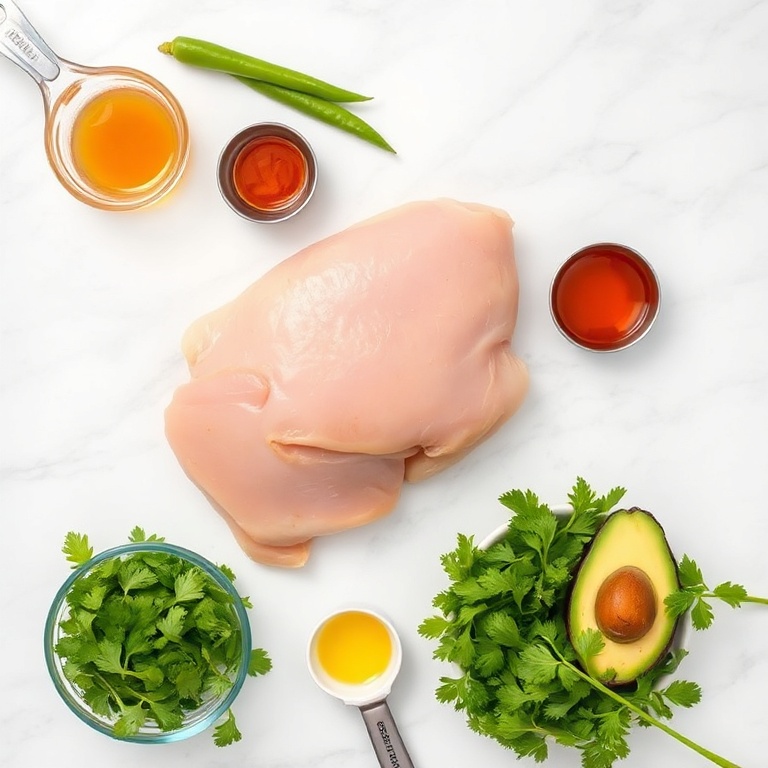 Raw chicken, chipotle peppers, honey, avocado, and cilantro arranged in a flat lay. Measuring spoons and bowls visible.
