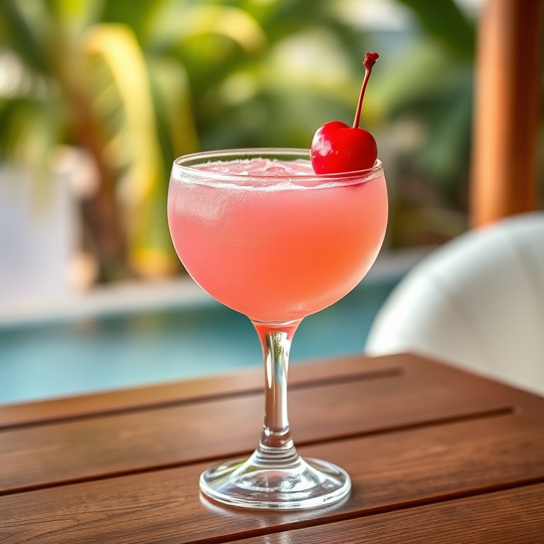 A pink cocktail in a coupe glass with a cherry on top, sitting on a wooden table with a tropical background
