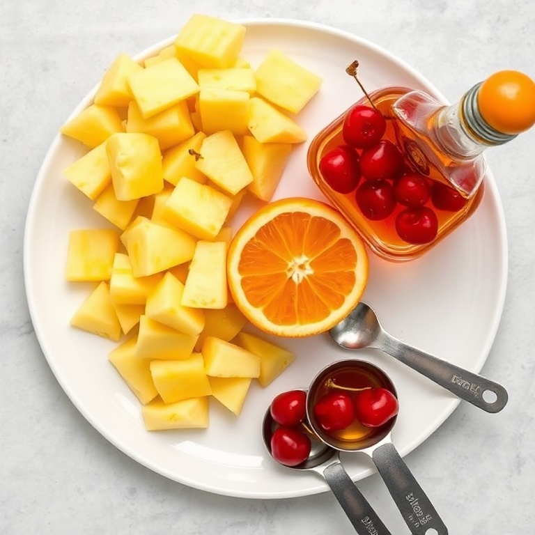 Fresh pineapple chunks, orange slices, maraschino cherries, and a bottle of orange liqueur on a white plate with measuring spoons