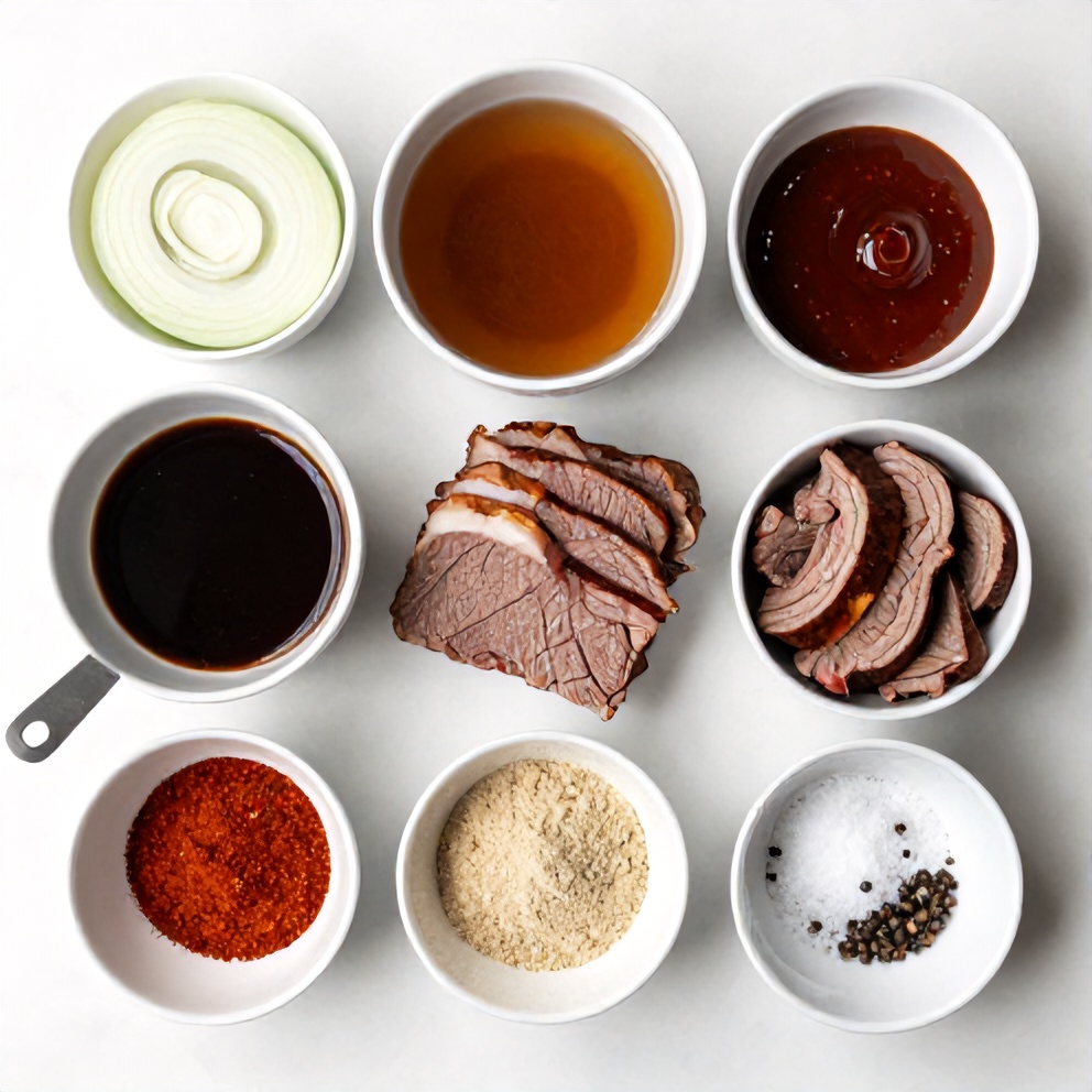Ingredients for Easy Slow Cooker Beef and Cheddar Sandwiches laid out