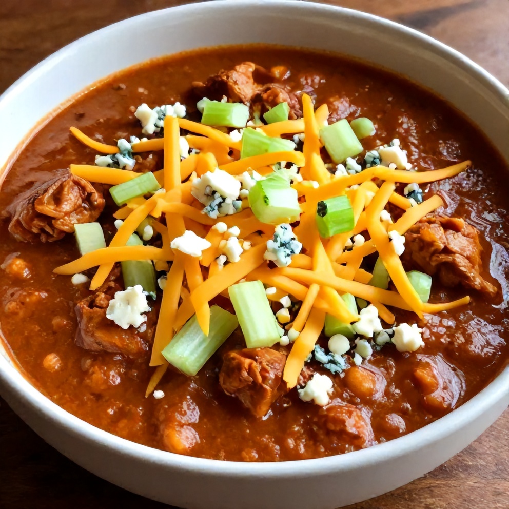 Buffalo Chicken Chili served in a bowl with celery and blue cheese crumbles