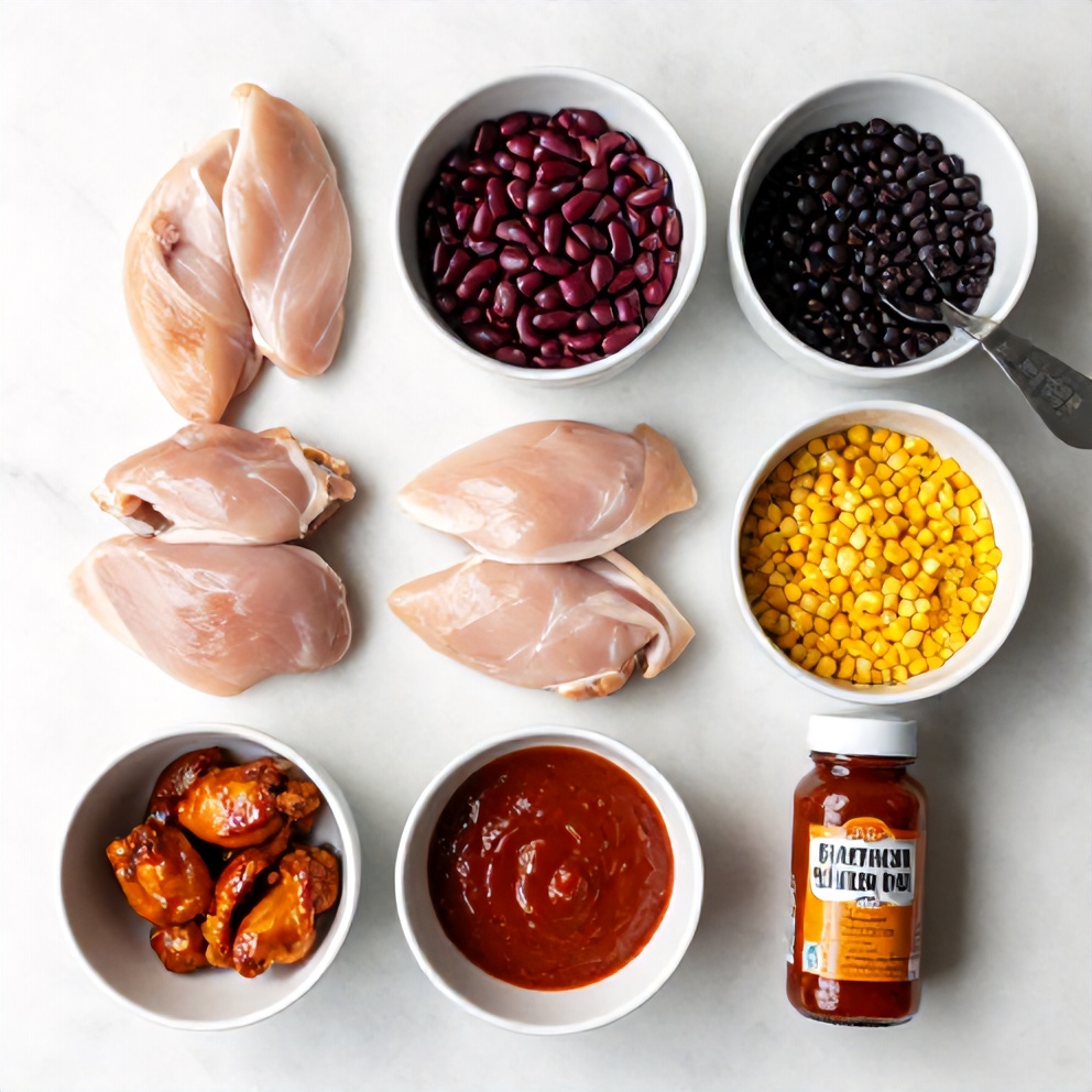 Raw ingredients for Buffalo Chicken Chili laid out on a wooden surface