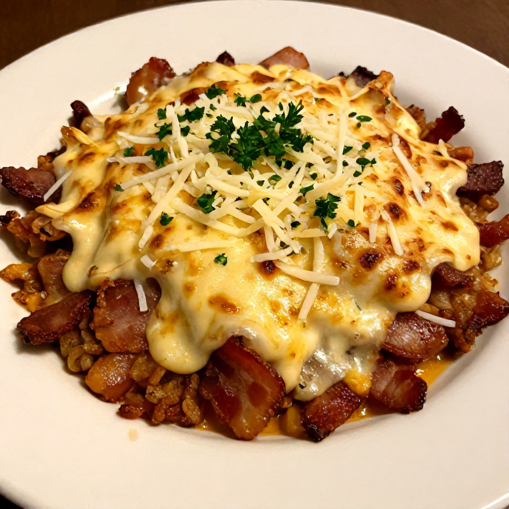 A serving of Cowboy Casserole on a plate, garnished with fresh parsley