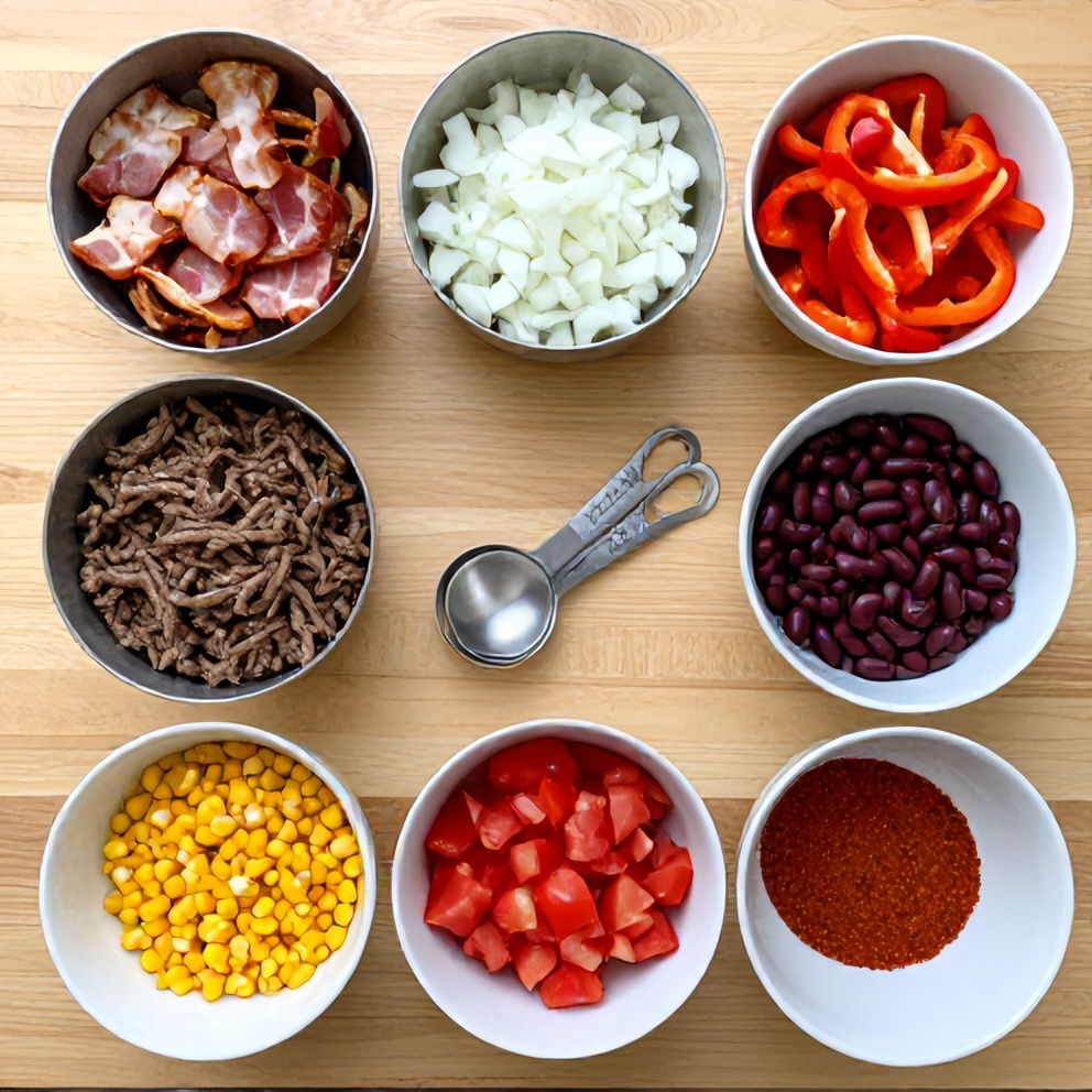 Ground beef, bacon, canned beans, corn, and cheese arranged on a wooden surface