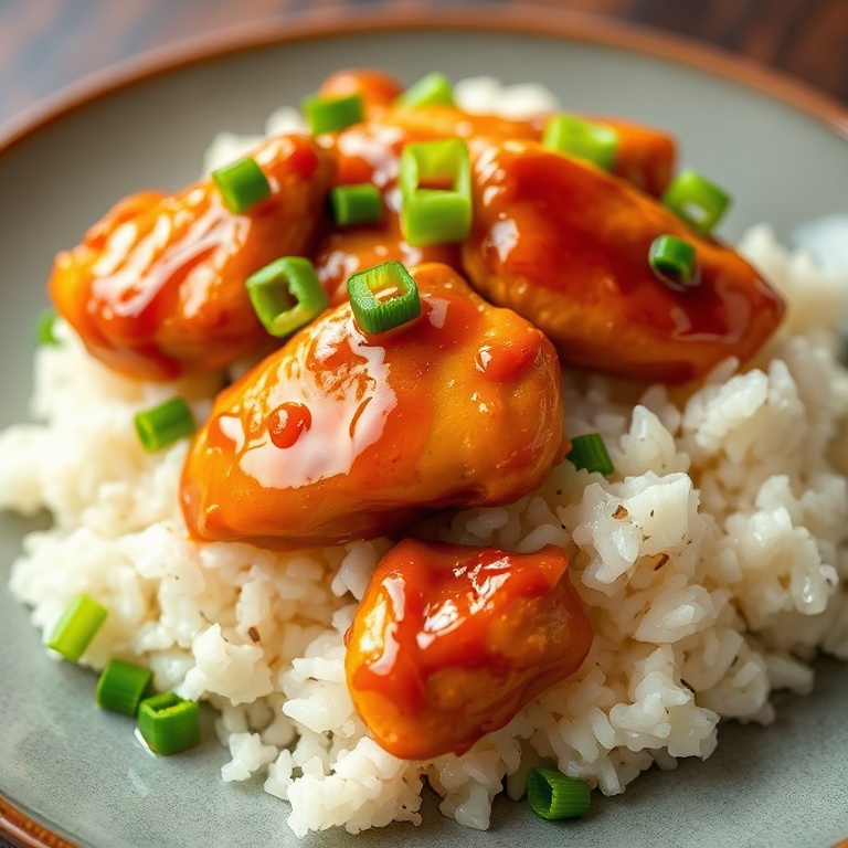 Golden teriyaki chicken with rice and green onions. Warm light. Close crop. Plate with glossy glaze.