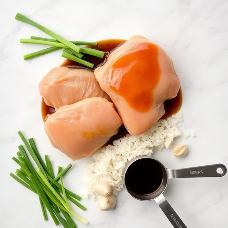 Chicken thighs, soy sauce, rice, green onions, garlic, ginger. Overhead flat lay. White marble surface. Measuring spoons visible.