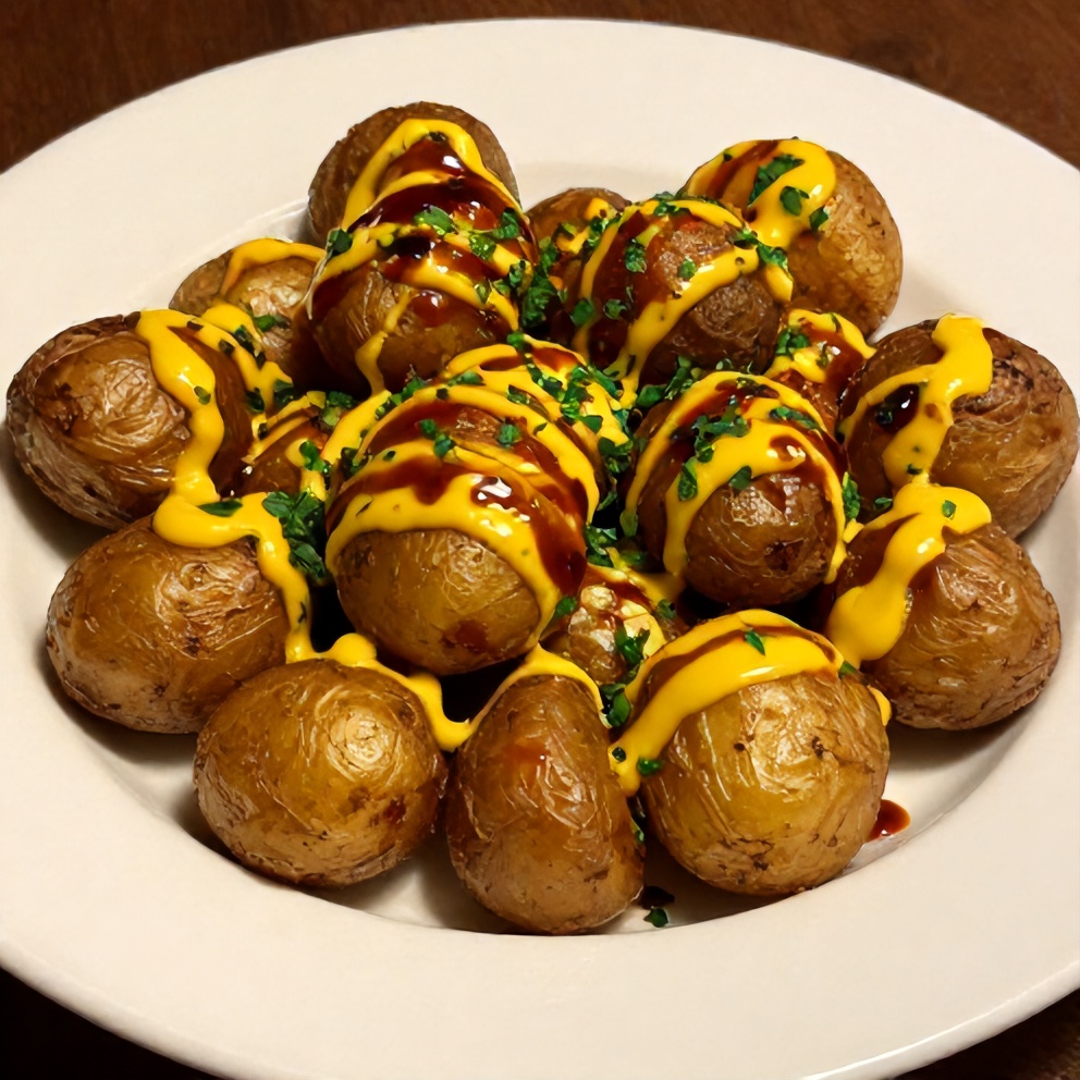 Plated smoked baby potatoes with beer mustard and BBQ rub