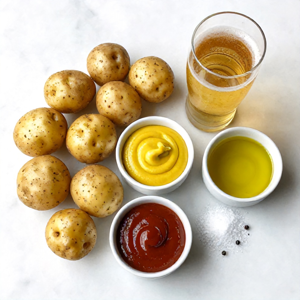 Baby potatoes, beer, mustard, BBQ rub, olive oil, salt, and pepper arranged on a wooden board