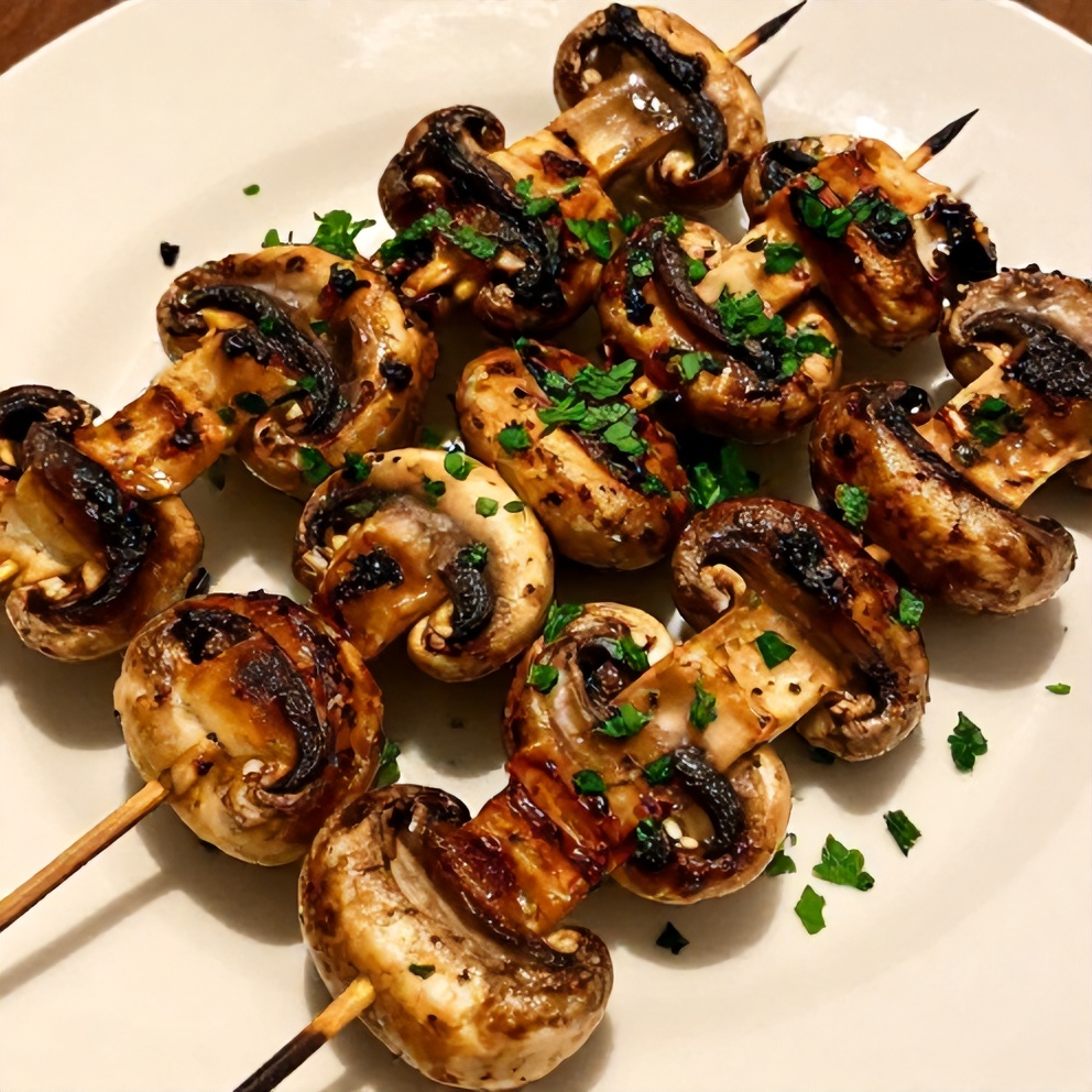 Plated grilled mushroom skewers with fresh parsley