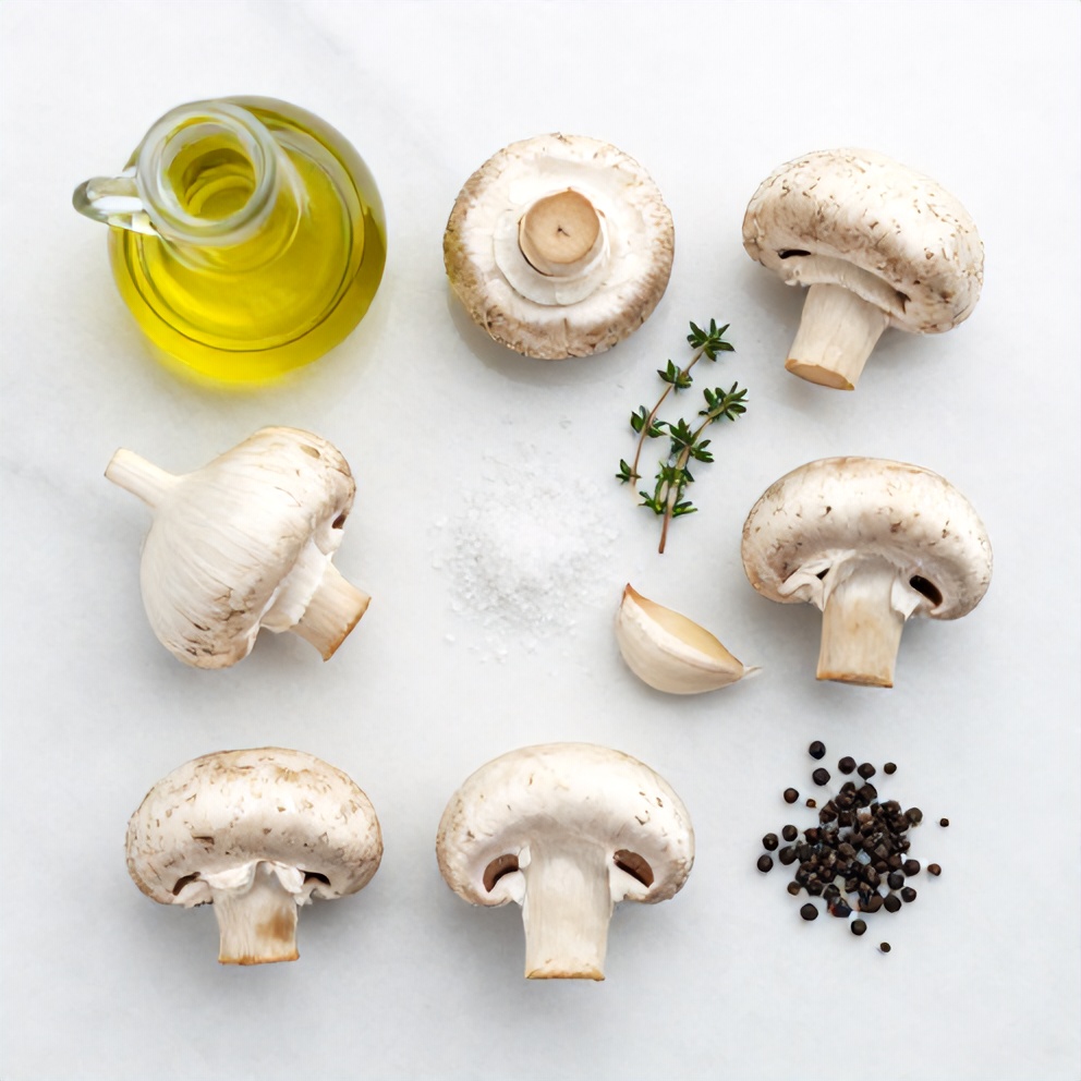 Raw mushrooms, olive oil, and seasonings laid out on a wooden board