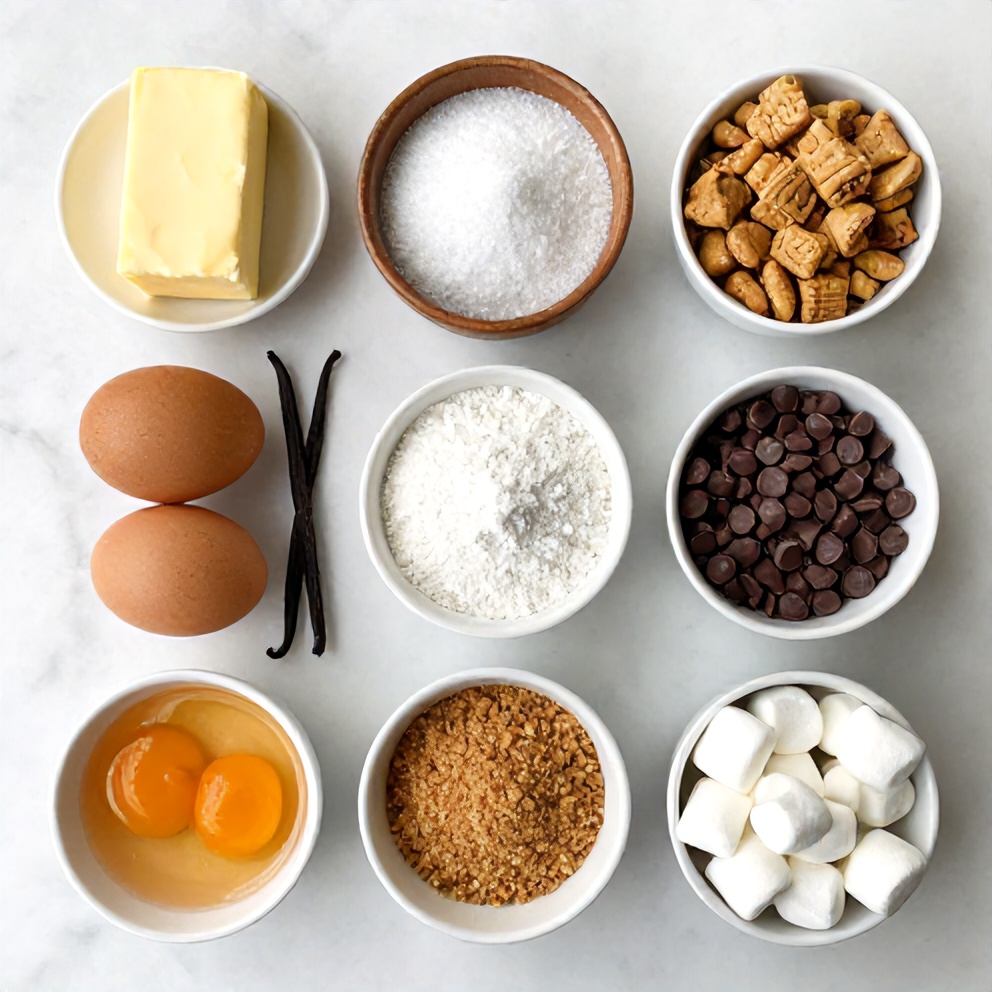 Ingredients for Easy S’mores Cookie Cake on a marble surface