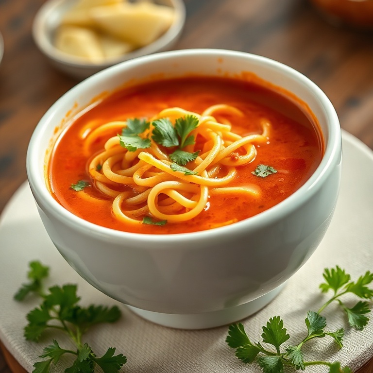 One serving of sopa de fideo in a white wide soup bowl, topped with chopped cilantro. The broth is vibrant red-orange and noodles are golden. Close crop shows texture.