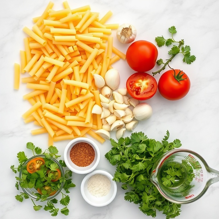 All the raw ingredients for sopa de fideo: dry fideo pasta, ripe tomatoes, yellow onion, garlic cloves, and fresh cilantro arranged on marble with prep bowls.