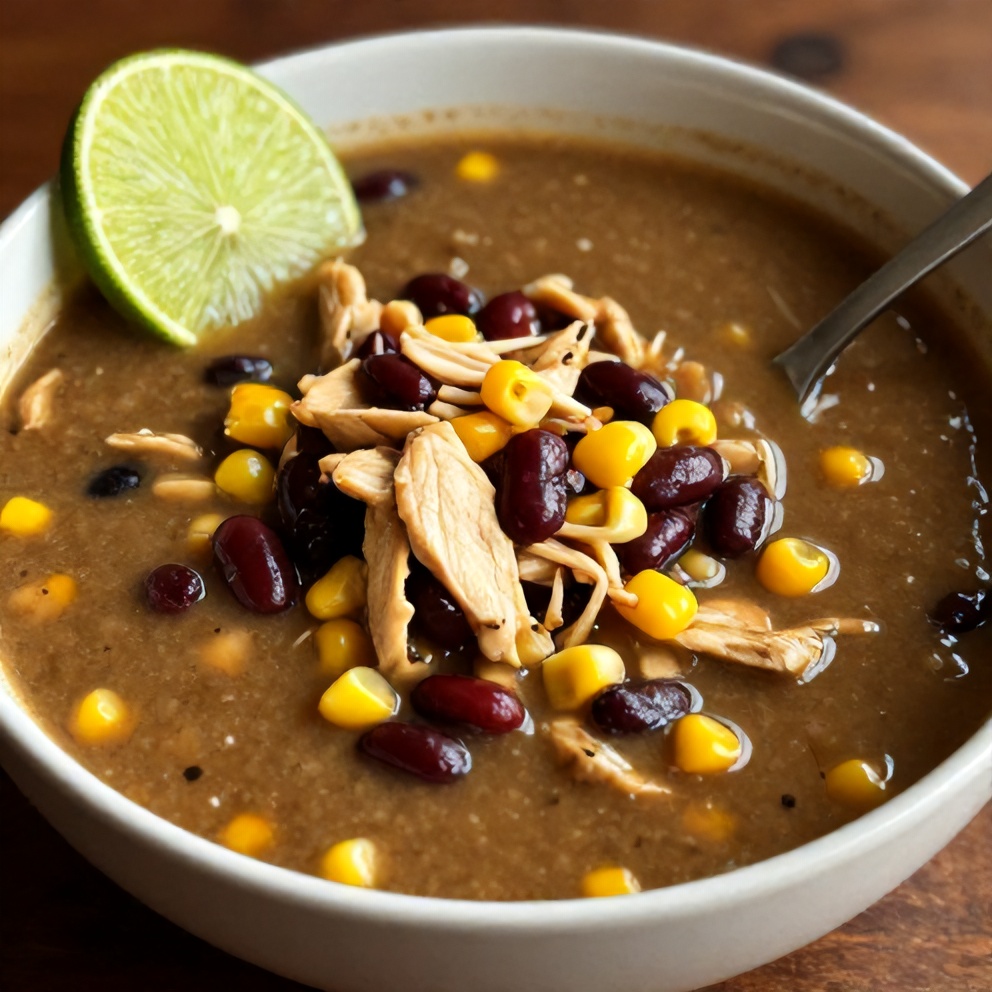 Bowl of Southwest Chicken Soup with a lime wedge