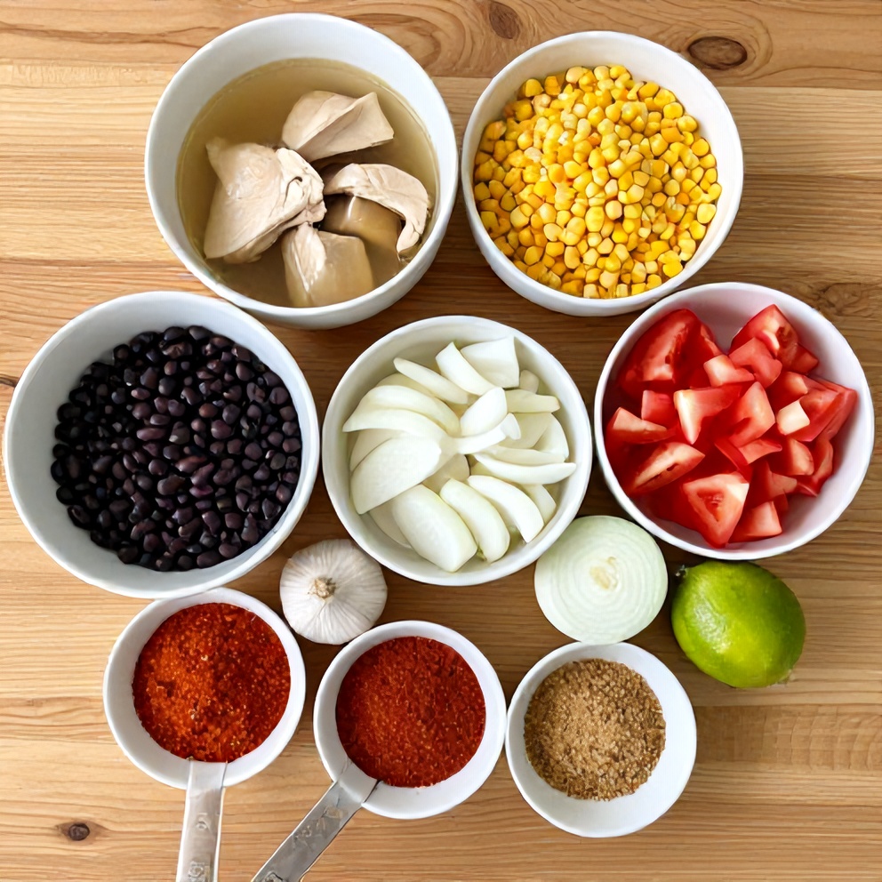 Ingredients for Southwest Chicken Soup on a wooden surface
