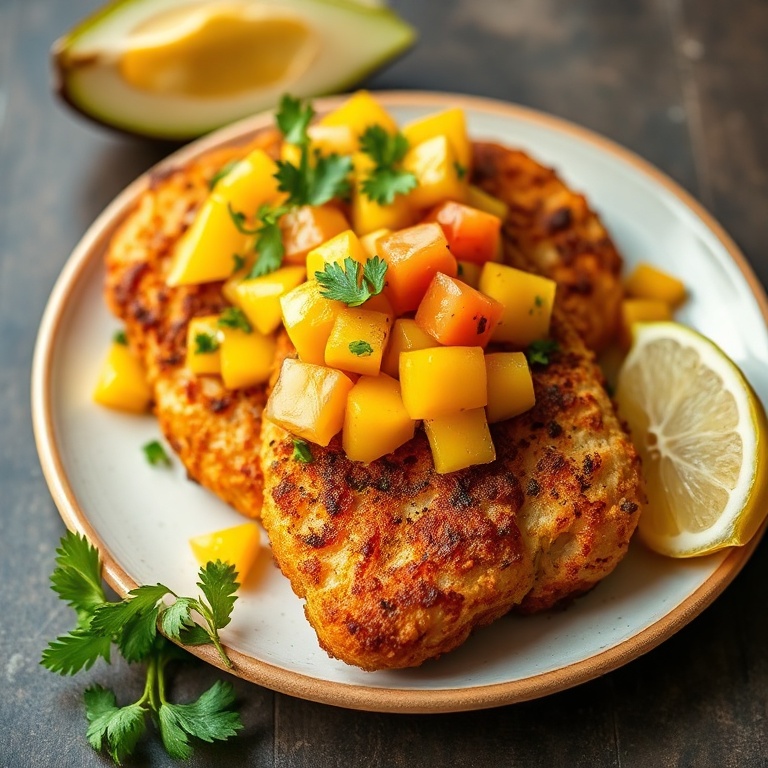 Crispy chicken with fresh mango salsa. Vibrant and ready to eat. Perfect for any meal.