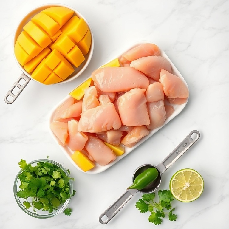 Raw chicken, mango, jalapeño, cilantro, lime. Measuring spoons and bowls. Bright and inviting.