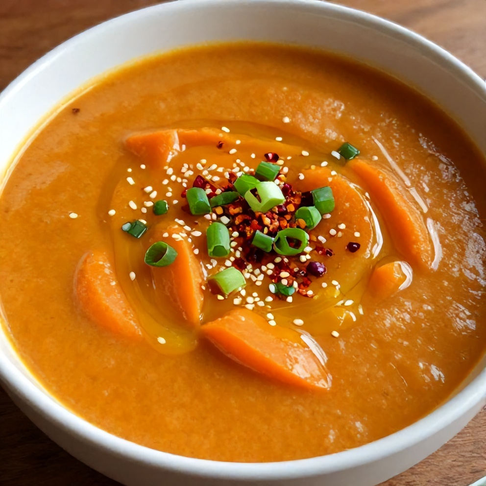 Bowl of Spicy Miso Carrot Soup with green onions