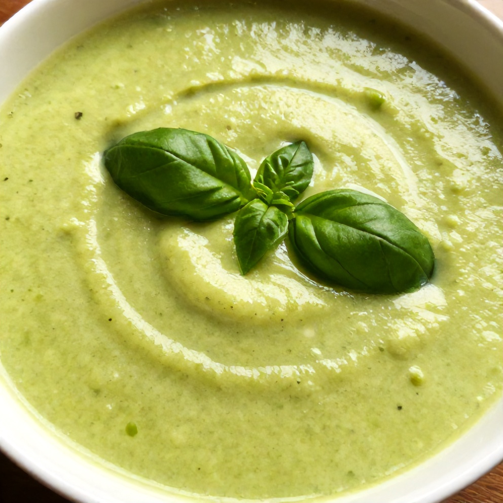 Bowl of creamy zucchini basil soup, served with a side of crusty bread