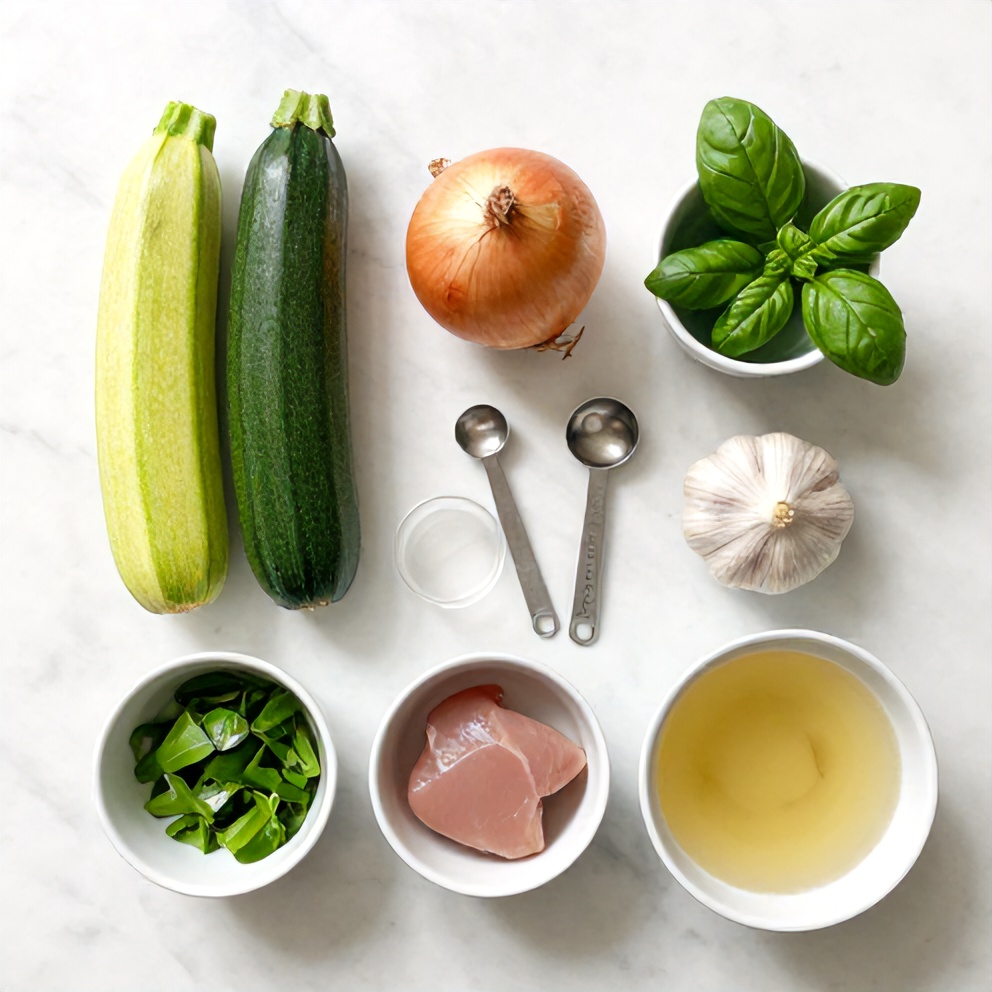 Raw ingredients for zucchini basil soup: zucchini, onion, garlic, basil, and chicken broth