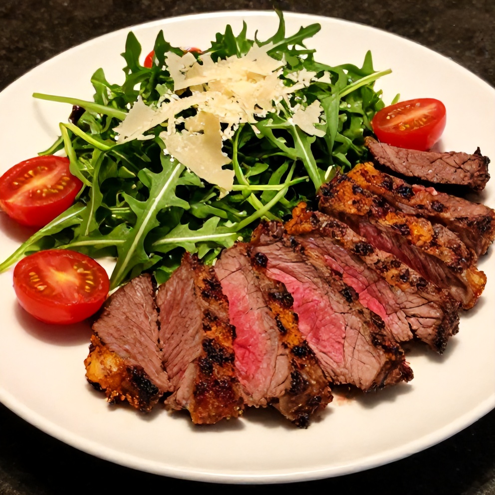 Plated serving of steak and arugula salad