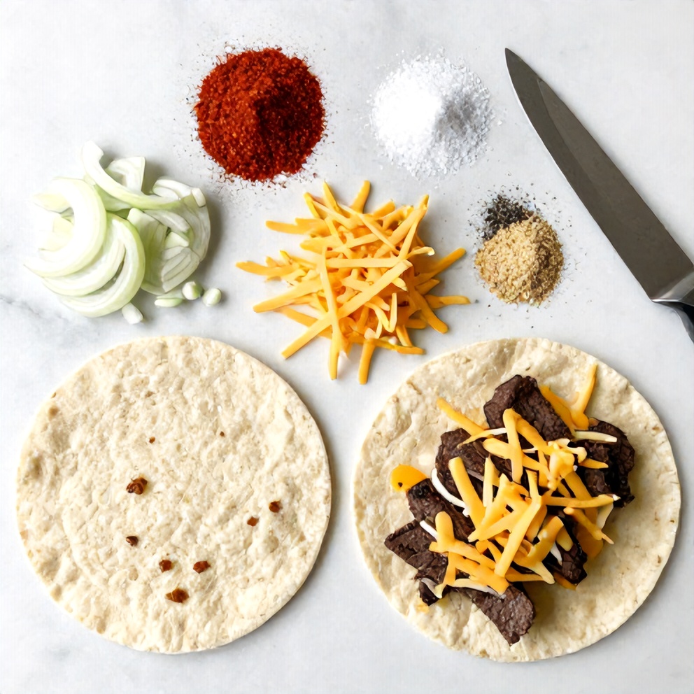 Raw ingredients for Steak Cheese Quesadillas on a marble surface