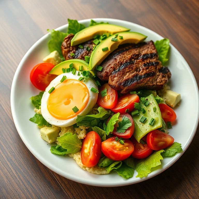 One plated steak cobb salad with sliced steak, crumbled bacon, chopped egg, avocado, and fresh herbs on a white plate, warm light highlighting textures.